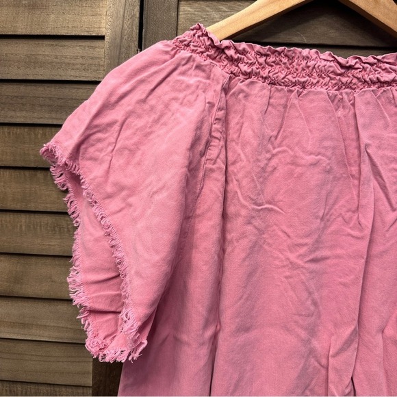 Relaxed Old Rose Plain Boho Neutral Chic Cuffed Sleeve‎ Smocked Blouse Sz L - Picture 11 of 11